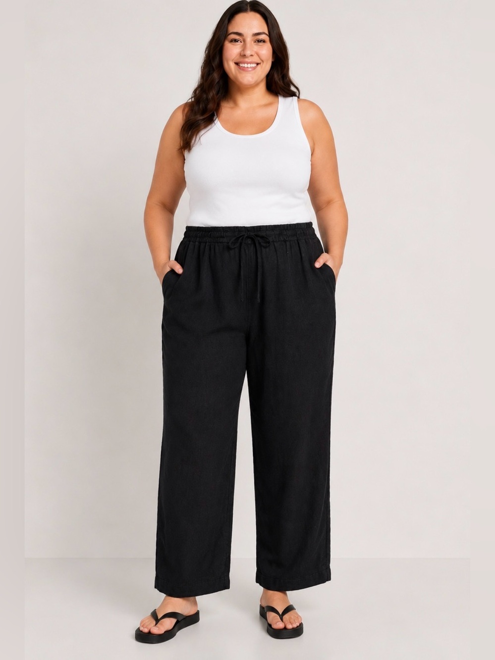 Old Navy Linen Blend Pants Women’s XL Black Pull On Drawstring Straight Leg